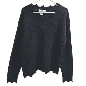 Magaschoni Fuzzy Wool V-Neck Sweater Womens Size Small Black Knit Scalloped Hem